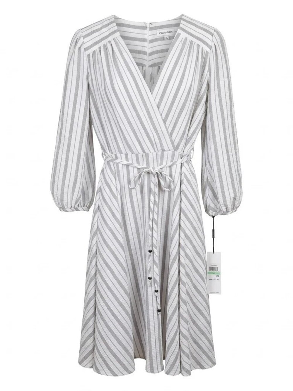 Calvin Klein Dress Striped Midi Faux Wrap V-Neck Gray White Seersucker